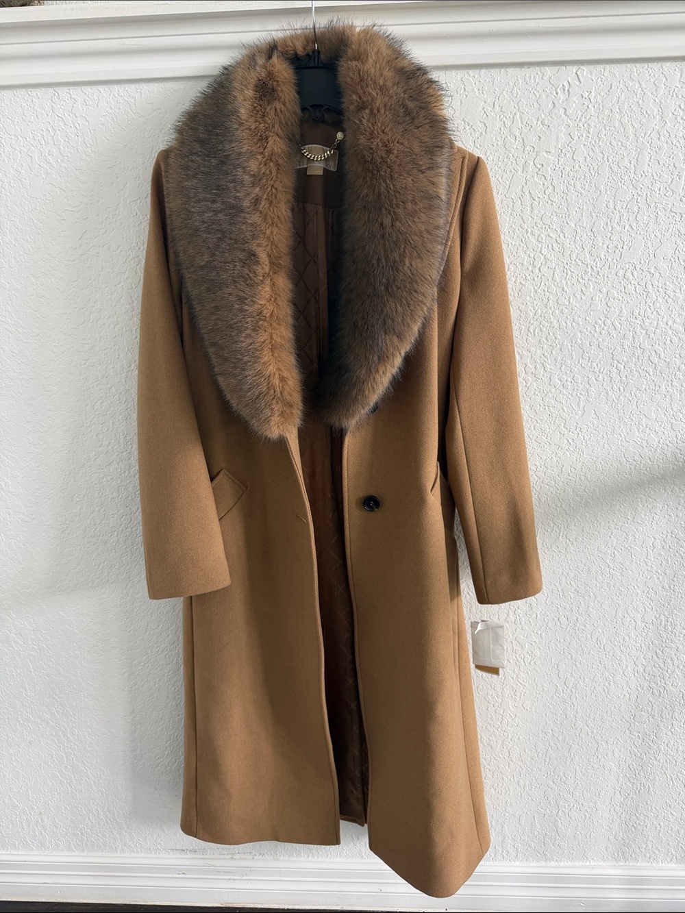MICHAEL Michael Kors Camel Wool Trench Coat with Faux Fur Shawl Collar
